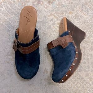 Naya Leather Suede Wedge Clogs Wooden Heel Navy Chocolate Brown Bow Size 7.5‌